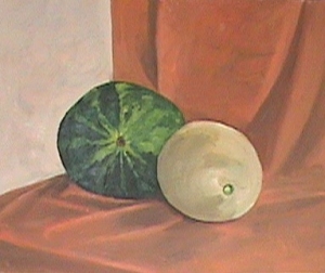 Still life with melon and cantaloupe